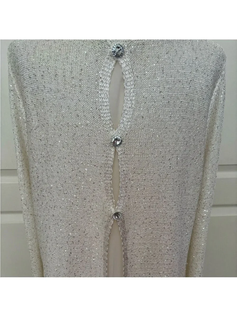 Sioni Winter White Sparkle Sweater XL – Hi-Lo Hem, Chiffon Lining, Rhinestone